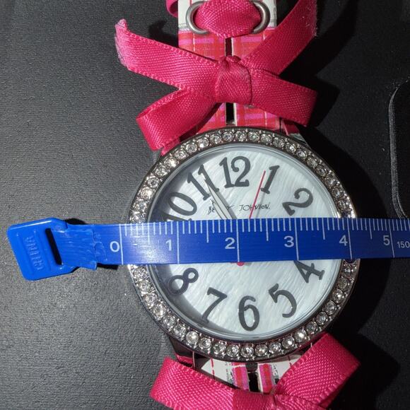 Betsey Johnson watch with a fuchsia plaid strap and crystal-accented bezel main image 4